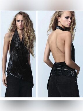 ZARA Burnout Velvet Halter Top Black Draped Open Back Size Small